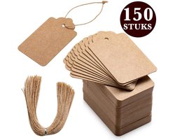 150x Stuks Kraft Karton Labels met 20m Jute Touw - Hart Kartonnen Cadeaulabels met Gaatje en Koord - Bruine Etiketten - Kraftpapier Naamkaartjes - Blanco Prijskaartjes\Prijslabels met Koortje - 7x4cm — cadeau in Hobby