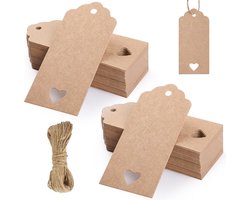 150x Stuks Kraft Karton Labels met 20m Jute Touw - Hart Kartonnen Cadeaulabels met Gaatje en Koord - Bruine Etiketten - Kraftpapier Naamkaartjes - Blanco Prijskaartjes\Prijslabels met Koortje - 9x4cm — cadeau in Hobby