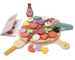 Woet® Houten Pizza Speelset - Complete "Maak je eigen pizza" set met 30+ Accessoires - Toppings met Klittenband, Snijgereedschap, Hete Saus en Menukaart - Rollenspel Keukenspeelgoed - Speelgoedeten - Vanaf 2 Jaar — cadeau in Spellen & Speelgoed