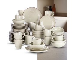 Luxe Serviesset – 48 delig – 12 persoons – Keramisch - Bordenset – Dinner platen – Dessertborden - Mokken - Kommen - Beige — cadeau in Koken & Dineren