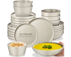 tectake® Serviesset Una - 24-delig - Aardewerk - 6 Persoons - Stijlvol en Duurzaam Servies - Bordenset met Grote en Kleine Borden, Kommen, Schaaltjes - Taupe — cadeau in Koken & Dineren