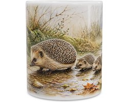 Mok met egel familie en jonkies in het bos - Prachtige aquarel natuur illustratie van egeltjes - Schattig cadeau voor dierenvriend of natuurliefhebber voor tijdens de koffie of theepauze — cadeau in Cadeau-ideeën