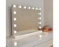Bright Beauty® Make-up Spiegel met Verlichting – Hollywood Spiegel – 58×46 cm – 15 LED Lampen – 3 Lichtkleuren – Dimbaar – Smart Touch – USB Oplaadpoort – Wit — cadeau in Verzorging