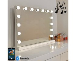Bright Beauty® Make-up Spiegel met Verlichting – Hollywood Spiegel – BLUETOOTH - 58×46 cm – 15 LED Lampen – 3 Lichtkleuren – Dimbaar – Smart Touch – USB Oplaadpoort – Wit — cadeau in Verzorging