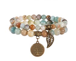 Bixorp Gems Dubbele Zweedse Amazoniet Armband met Levensboom & Veertje - Edelsteen Kralenarmband met Hanger - Chakra — cadeau in Sieraden