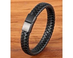 *** Armband voor Mannen - Zwart Gekleurd Staal & Zwart Leer - 21 cm - Perfect Cadeau voor Hem & Haar - van Heble® *** — cadeau in Sieraden