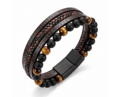 Lundholm Björn Armband Heren Bruin Zwart – Luxe Kunst leren Armband met Tijgeroog Kralen Mannen Armband Kralenarmband Meer laags – 21 cm – Mannen Cadeautjes - Scandinavisch Design — cadeau in Sieraden