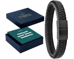 Atelier EMBER - Cadeau voor Man - Handgemaakte Leren Armband Heren Zwart Gevlochten - Inner Boldness RVS Giftset - 20CM+1,5CM - Luxe Sieradendoos Cadeauset - Cadeautjes voor hem Mannen Verjaardag, Papa, Vriend, Vader, Opa Geschenkset — cadeau in Sieraden