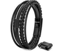 Malinsi® Armband Heren - Zwart Snoeren - RVS en Leer - 20 cm + 2 cm verlengstuk - Armbandje Mannen — cadeau in Sieraden