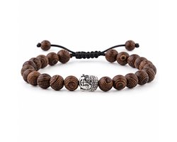 Herenarmband bruine houten kralen met metalen Boedha – verstelbare schuifknoop - 20 cm — cadeau in Sieraden