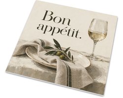 Tegeltje Bon Appétit Elegant Frans Bistro Stilleven met Bord Olijftak en Glas Witte Wijn Rustiek Mediterraan Keukentegeltje Wanddecoratie voor Eethoek Stijlvol Cadeau voor Kookliefhebber en Gastheer 15x15 cm mat — cadeau in Wonen & Interieur