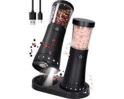 Deleca Elektrisch Peper en Zoutmolen Set Gustaro - 130ml Opslag Capaciteit - Luxe Zout & Pepermolen Stel - Instelbare Maalgraad - Geschenkverpakking Kerst / Sinterklaas Cadeau - USB Oplaadbaar / Zwart — cadeau in Kookcadeaus