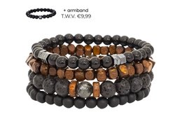 Quattro lava - kralen armband heren 4 + 1 stuks - armband mannen natuursteen - zwart en bruin - mannen cadeautjes - bracelet — cadeau in Sieraden