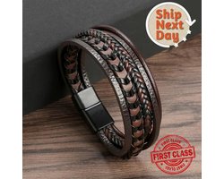 Vevilon Vaderdag Cadeau pakket - Handgemaakte Leren Armband Heren Giftset - Inner Boldness - Bruin- RVS - 21 CM - Luxe Sieradendoos Cadeauset - Origineel Cadeau voor Mannen Verjaardag, Papa, Vriend, Vader, Opa - Geschenkset — cadeau in Sieraden