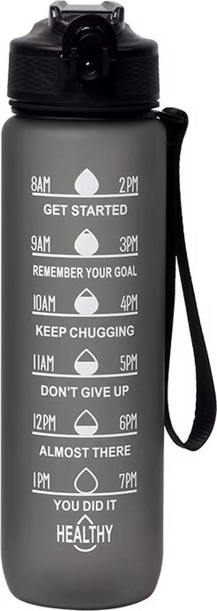 Motivatie Waterfles Zwart - 1 Liter Drinkfles - Waterfles - Waterfles met tijdmarkering - BPA Vrij - Volwassenen - Drinkfles Kinderen