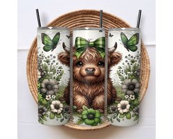 Creasowl® Hoogland Koe Tumbler Groen 600ml – Herbruikbare Drinkbeker met Deksel en Rietje - Duurzame Roestvrijstalen Drinkfles - Travel Cup - To Go Beker voor Koude en Warme Dranken – Ideaal voor Onderweg - Travel Mug - Koffiebeker - Thermosfles — cadeau in Koken & Dineren