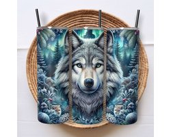 Creasowl® RVS Tumbler 600ml met Wolf Design – Thermosbeker – Herbruikbare Drinkbeker met Stalen Rietje – Koffiebeker - Duurzame Thermosfles - Travel mug - Travel Cup To Go gemakkelijk voor onderweg — cadeau in Koken & Dineren