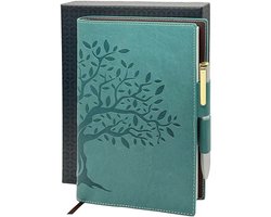 Hervulbaar dagboek met dubbele pennenhouder en luxe pen - 256 pagina's gelinieerd papier - groenblauw met levensboom — cadeau in Cadeau-ideeën
