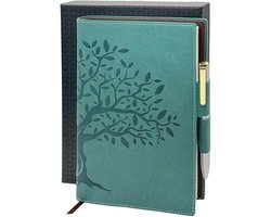 Hervulbaar dagboek met dubbele pennenhouder en luxe pen - 256 pagina's gelinieerd papier - groenblauw met levensboom — cadeau in Cadeau-ideeën