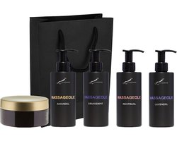 Massageolie Set - Lavendelolie + 100% Amandelolie + Massageolie Neutraal + 100% natuurlijke druivenpitolie + Scrubzout 300 gram - 300 ml per fles - set van 5 stuks - met luxe gift tas - cadeau - giftset voor hem en haar — cadeau in Verzorging