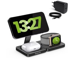 iSetchi 3-in-1 Power Base – Draadloze Oplader 15 W – Opvouwbaar & Lichtgewicht – Qi Oplaadstation – Inclusief Kabel – Compatibel met Smartphone, Smartwatch & Oordopjes — cadeau in Gadgets