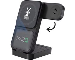 Dutch Quality® 3-in-1 Draadloze oplader (15W Snellader) met digitale klok – Met 1 meter USB-C kabel – Oplaadstation – Geschikt voor smartphones, Apple Watch en AirPods en Android - zonder adapter — cadeau in Gadgets