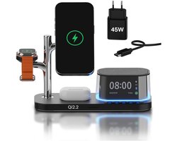 Draadloze Oplader 5-in-1 met Wekker, Bluetooth Speaker & LED Nachtlamp Geschikt voor MagSafe van MMOBIEL – 25W Qi2.2 Magnetische Draadloos Oplaadstation Geschikt voor Smartphone, Smart Watch en Oordopjes – Zwart — cadeau in Gadgets