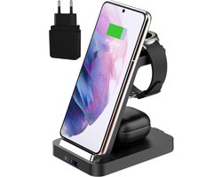 iSetchi Draadloze 3-in-1 Oplader 15 W – Qi Oplaadstation met Snelladen – Compatibel met Smartphone, Smartwatch & Draadloze Oordopjes – Zwart — cadeau in Gadgets