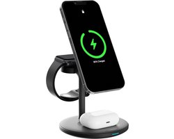 CHEROY PowerTrio 3-in-1 Draadloze Oplader - 15W Qi Oplaadstation - Geschikt voor MagSafe, Apple Watch - Smartphone & Oortjes - Zwart — cadeau in Gadgets