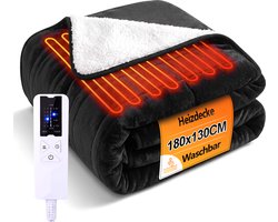 NETTLIFE-Elektrische deken van 180x130 cm - Dubbellaags flanel en lamsvacht - 6 temperatuurinstellingen - Timer van 10 uur - Wasbaar - Oververhittingsbeveiliging - Zwart - Perfect voor gebruik in bed | op de bank | op kantoor of op de camping — cadeau in Wonen & Interieur