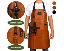 Leren Schort Licht Bruin - Cognac Heren Barbecue – Stoer Lederen Schort Man BBQ Accessoire van echt Leer voor Heren + Drankhouder, Flesopener, Handdoeklus + Groot Vak – Mannen – Leren BBQ kookschort als Cadeau voor Kerst, Vaderdag of Verjaardag — cadeau in Kookcadeaus