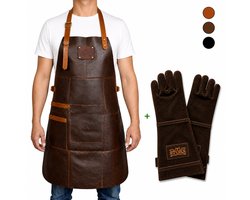 Leren BBQ Schort + Leren Handschoenen – Donker Bruin Leer – 2 Jaar Garantie – Premium & Stoer Kookschort voor Mannen – Barbecue Schort met Grote Zak en Handdoeklus – Perfect Cadeau voor Vaderdag, Kerst of Verjaardag — cadeau in Kookcadeaus
