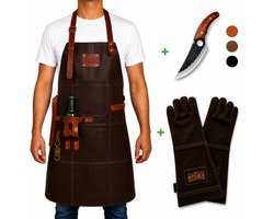 STORX Leren BBQ Set – Schort + Slagersmes + Leren Barbecue Handschoenen – Donkerbruin Echt Leer – 2 Jaar Garantie – Luxe Grillset met Koksmes (27,6 cm) & Schort (81x56 cm) – Stoer Cadeau voor Mannen — cadeau in Kookcadeaus