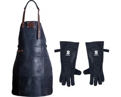 Leren Schort + Leren Handschoenen - Lederen Schort – ZWART - Kokschort - BBQ Schort - Kookschort - Vaderdag - Kerst Cadeau voor Man Vader Opa Papa – 81 cm x 56 cm Inclusief Handschoenen voor de Barbecue — cadeau in Kookcadeaus