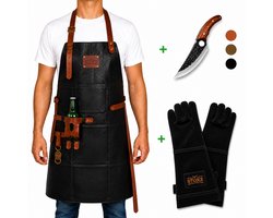 STORX Leren BBQ Set – Schort + Slagersmes + Leren Barbecue Handschoenen – Zwart Echt Leer – 2 Jaar Garantie – Luxe Grillset met Koksmes (27,6 cm) & Schort (81x56 cm) – Stoer Cadeau voor Mannen — cadeau in Kookcadeaus