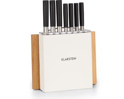 Klarstein 7-delige keukenmessenset met blok, 7 keukenmessen, houten messenblok en snijplank, scherpe roestvrijstalen keukenmessensets, krasbestendig, professionele kokskeukenset — cadeau in Kookcadeaus