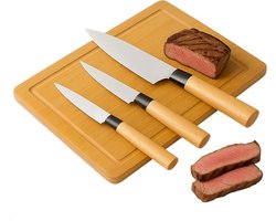 Lomera Bamboe Snijplank - Keukenmessen Set - Rvs Messen - Bamboe Handvat - 4-Delige Keukenset - Koksmes - Utility Mes - Schilmes - Niet Vaatwasserbestendig - Snij Plank - Messenset Met Snijplank - Duurzame Materialen — cadeau in Kookcadeaus