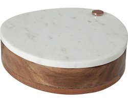 Marmeren kaasplank en messenset koper/hout - wit met handvat van walnoothout — cadeau in Kookcadeaus