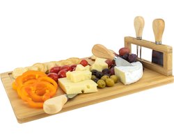 Krumble Kaasplank - Inclusief messenset - Tapasplank - Borrelplank - Serveerplank - Snijplank - Plank - Broodplank - Rechthoek - Bamboe -28 x 36 x 1,5 cm - Hout - Lichtbruin — cadeau in Kookcadeaus