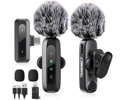 TRANSNECT - Draadloze Microfoon - 2 stuks - Microfoon Draadloos - Dasspeld Microfoon Draadloos - Microfoon Bluetooth - Lavalier Microfoon - USB-C & 8-pins ontvanger - Geschikt Voor Alle Telefoons — cadeau in Cadeau-ideeën
