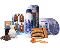 Holland pakket - Delfts blauw - Waterfles - Drinkfles RVS - Stroopwafels in blik - Lekkernijen - Grachtenpand - Hollandse cadeautjes - Souvenirs — cadeau in Eten & Drinken