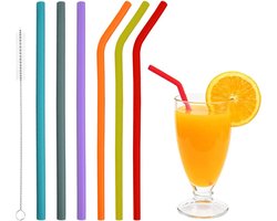 Set van 6 kleurrijke siliconen rietjes met reinigingsborstel, kleine rechte en gebogen rietjes voor kinderen en volwassenen, vaatwasmachinebestendig en herbruikbaar (blauw, grijs, paars, rood, oranje — cadeau in Koken & Dineren