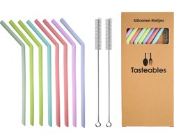 Siliconen rietjes gebogen - Cocktail Rietjes - Tasteables - Set van 8 - Duurzaam - Herbruikbaar - Reinigingsborstel - Natuurlijk materiaal - 200mm lengte - Gemixte kleuren — cadeau in Koken & Dineren