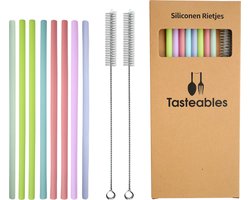 Siliconen rietjes recht - Cocktail Rietjes - Tasteables - Set van 8 - Duurzaam - Herbruikbaar - Reinigingsborstel - Natuurlijk materiaal - 200mm lengte - Gemixte kleuren — cadeau in Koken & Dineren
