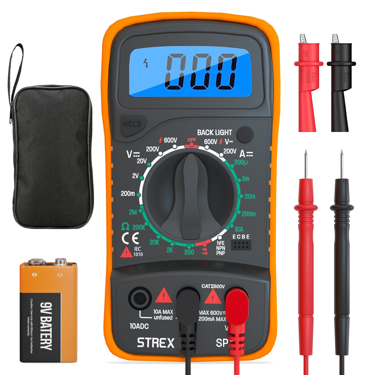 Digitale Multimeter - AC / DC - Incl. 9V Batterij, Klemtangen & Opberghoes - Multi Meter