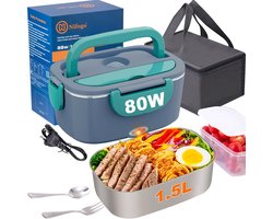 Groene Elektrische Lunchbox 80 W – 1,5 L Roestvrij Staal met Isolatietas – Draagbare Verwarmingsbox voor Auto, Kantoor & Reizen — cadeau in Kookcadeaus