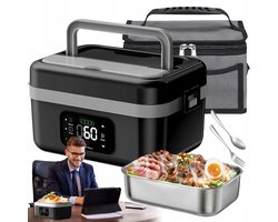 Elektrische Lunchbox - Verwarmde Bento Box - Thermos Lunchbox - 1000 ml - 60W Snel Verwarmend - 6 Temperatuurstanden - Voorverwarmen - ook Powerbank - met Isolatietas - Draagbare Broodtrommel - Voor Kantoor & School & Auto - Zwart en Grijs — cadeau in Kookcadeaus