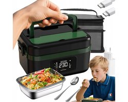 Elektrische Lunchbox - Verwarmde Bento Box - Thermos Lunchbox - 1000 ml - 60W Snel Verwarmend - 6 Temperatuurstanden - Voorverwarmen - ook Powerbank - met Isolatietas - Draagbare Broodtrommel - Voor Kantoor & School & Auto - Zwart en Groen — cadeau in Kookcadeaus