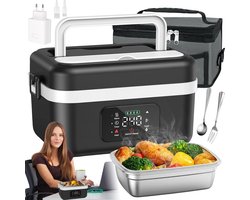Elektrische Lunchbox - Verwarmde Bento Box - Thermos Lunchbox - 1000 ml - 60W Snel Verwarmend - 6 Temperatuurstanden - Voorverwarmen - ook Powerbank - met Isolatietas - Draagbare Broodtrommel - Voor Kantoor & School & Auto - Zwart en Wit — cadeau in Kookcadeaus