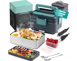Dubbellaags Elektrische Lunchbox - Verwarmde Bento Box - 3,5L Thermos Lunchbox - PTC Constante Temperatuur - 90W - 12V/24V/220V - Vaatwasbestendig - Isolatietas & Bestek - Draagbare Broodtrommel - Voor Chauffeurs & Kantoor & Bouwplaats — cadeau in Kookcadeaus